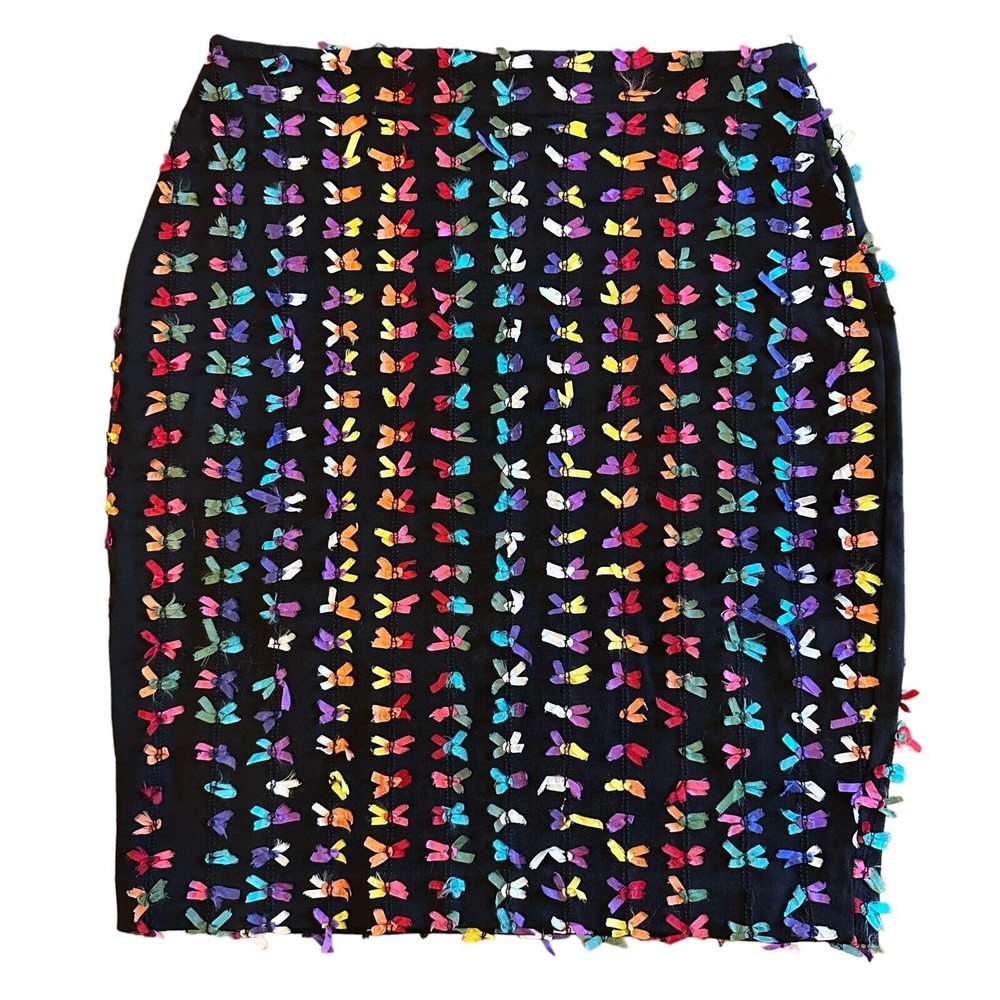 BETSEY JOHNSON Vintage 1980s Punk Label Black Rainbow Ribbon Bow Mini Skirt S